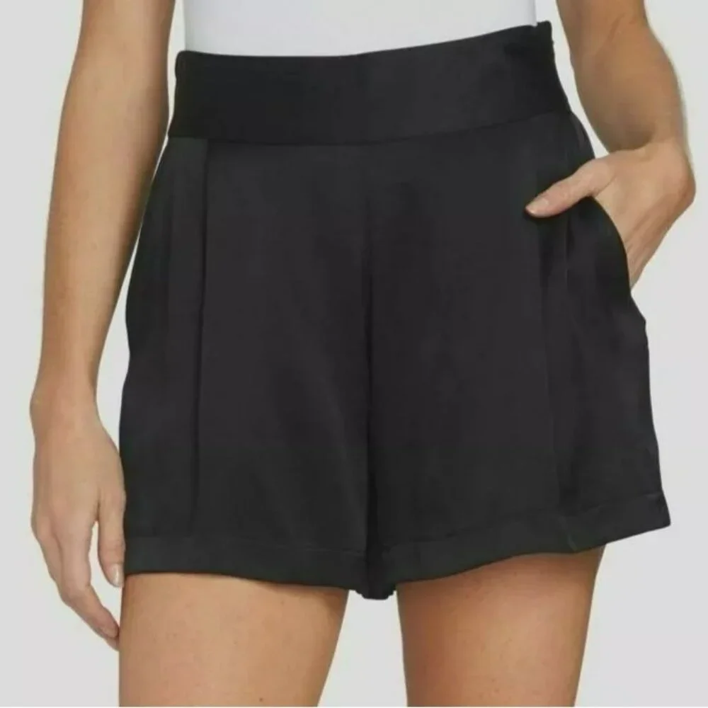 1 State On Point Satin Shorts S Black Flat Front Elastic Waist Zip High Rise New